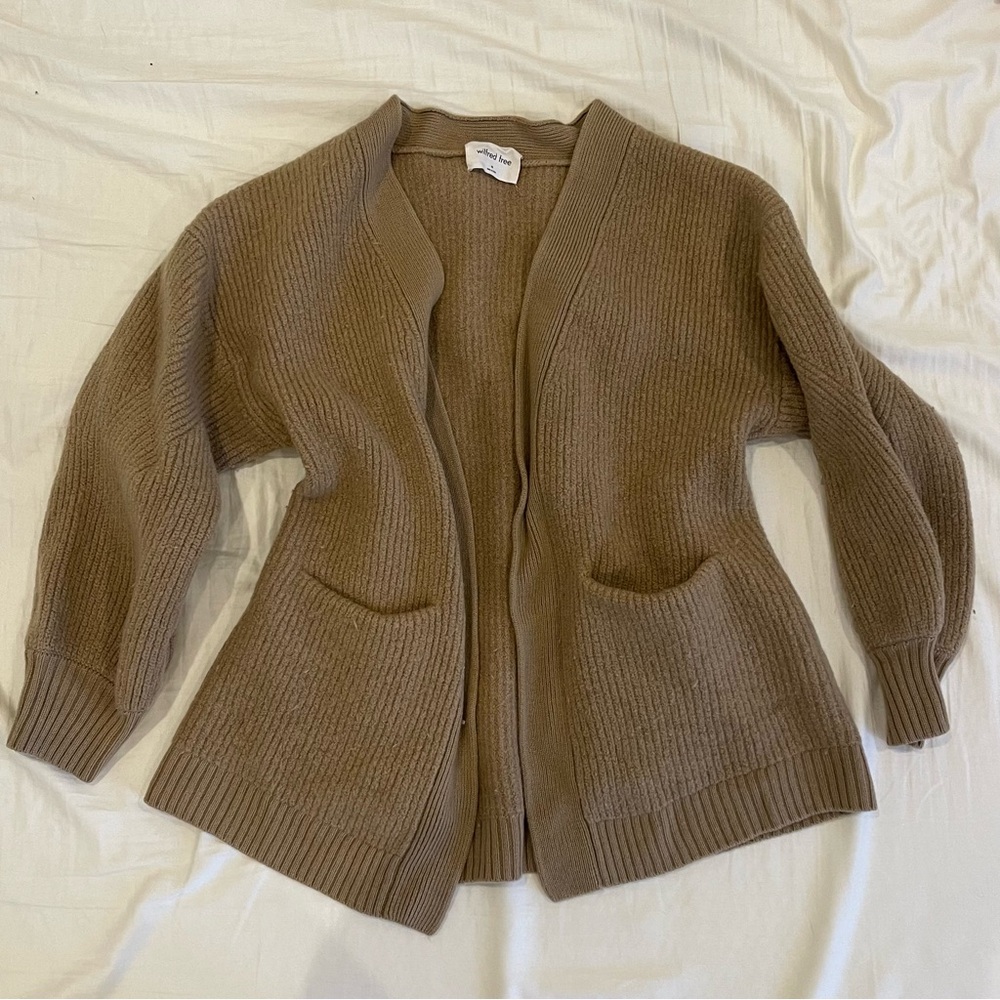 Aritzia Wilfred Unwind Cardigan 100% Merino Wool in Seville Camel  — shrunken